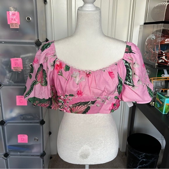 L'ATISTE Pink Ombre Green Floral Butterfly Zip Up Puff Sleeve Top NWT Size Large - Picture 3 of 12